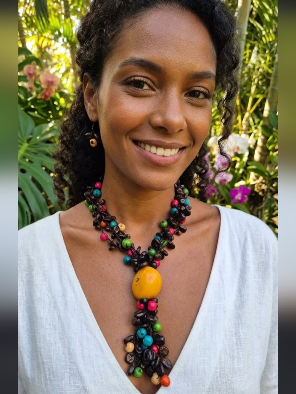 Handmade Multicolor Bead and Wood Statement Necklace  Natural Beads From BRAZIL